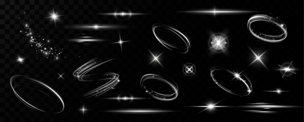Naklejka na ściany i meble Light effects.Wind glare, explosions, shine, dust, lines, solar flares, sparks, sequins, stars, curved curls. Glow special effect of light 