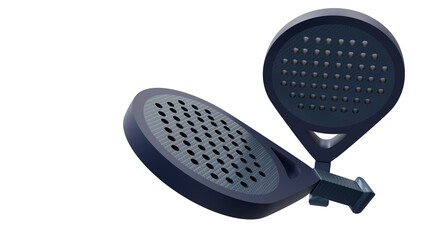 A 3d rendering of pair of padel rackets, textured face with black holes and have a solid black handle, isolated on the background.