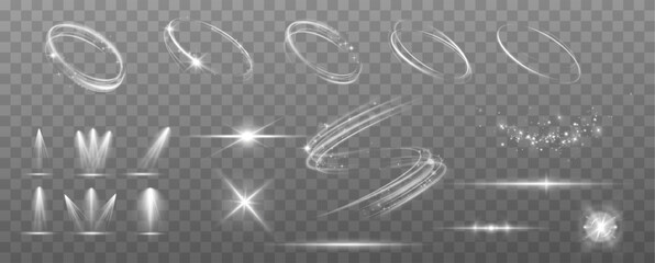 Light effects.Wind glare, explosions, shine, dust, lines, solar flares, sparks, sequins, stars, curved curls. Glow special effect of light	