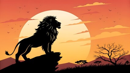 A silhouetted male lion with a full, dark mane walks powerfully from right to left across a bright, hazy African savanna landscape at either sunrise or sunset, with a large, pale yellow sun prominentl