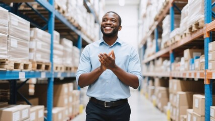 Happy mature african american man clapping in warehouse. Concept of success achievement pride and entrepreneurship in logistics and small business.