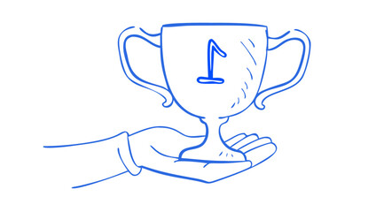 Hand holding a blue outline trophy with the number one