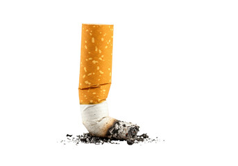A single extinguished cigarette butt with ash and debris, isolated on a transparent background, symbolizing addiction and unhealthy habits