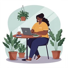 Young black woman working on laptop at home among plants / Modern flat illustration of a cheerful plus-size student of color sitting at an outdoor cafe table with a laptop and a book