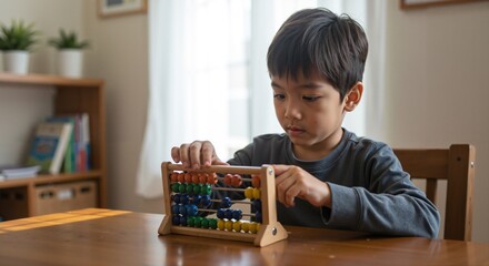 Young Asian boy learning to count with an abacus at the table  