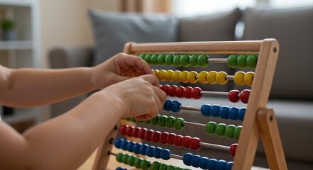 Child playing with colorful abacus in a cozy living room  