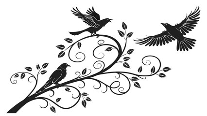 Silhouette of birds perched and flying on a decorative branch