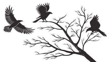 Silhouettes of birds in flight and perched on a bare tree