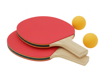 Two red ping pong paddles and two orange balls isolated on transparent background, ready for a game of table tennis