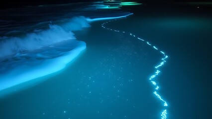 Bioluminescent Waves at Night - Abstract Ocean Scene with Glowing Water for Nature Backgrounds, Environmental Campaigns, or Mysterious Wall Art