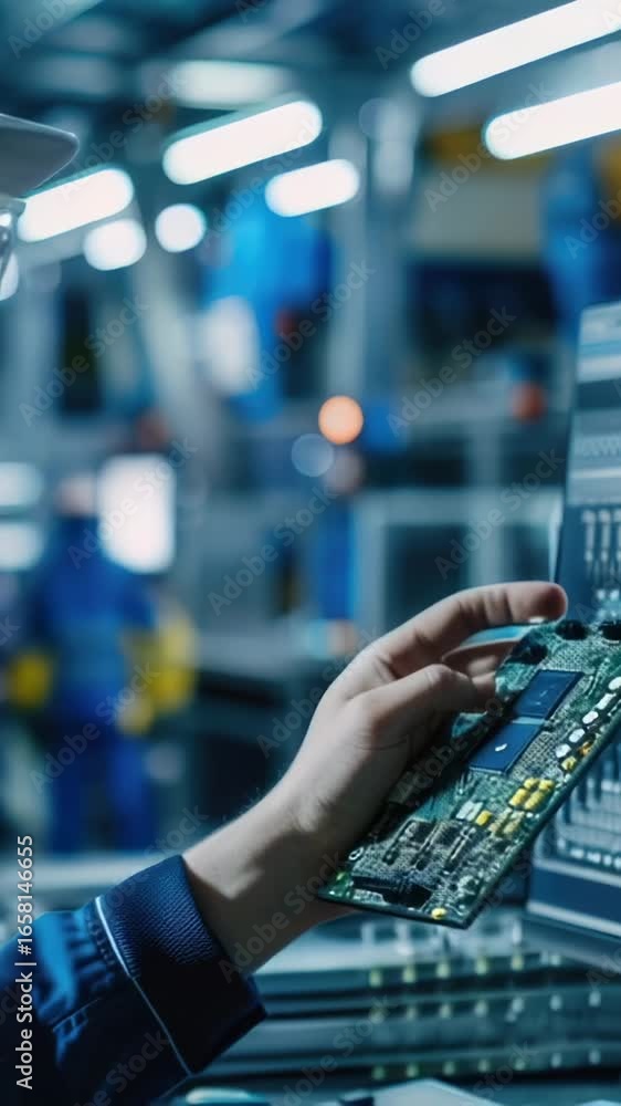 Aufkleber a worker holds a circuit board in a modern factory setting