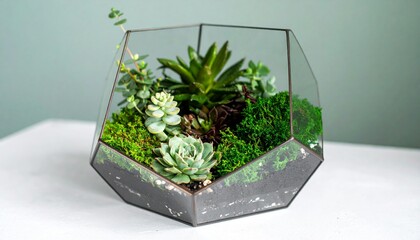 A collection of diverse plant species arranged together in a minimal glass terrarium, showing natural coexistence in sharp detail.
