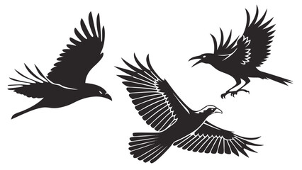 Three black silhouette birds in flight against a white background