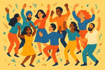 Diverse group of happy people dancing and celebrating together at festive party with confetti and joyful atmosphere