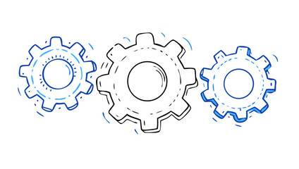 Two blue gears interacting with dashed lines
