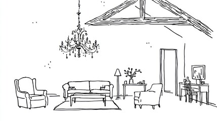 Line drawing of an interior sofa, chairs, chandelier, desk, and roof beams