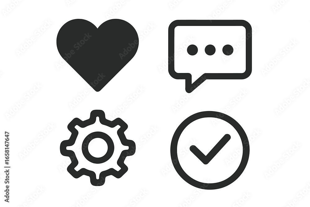 Poster set of 4 vector icons on transparent background, minimalist flat design, digital graphic symbols, us