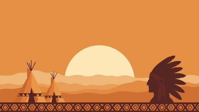 illustration of Native American Day showing a silhouette of a traditional headdress, teepees, and a large sunset in warm earthy tones. Perfect for cultural celebration, posters, and event backgrounds.