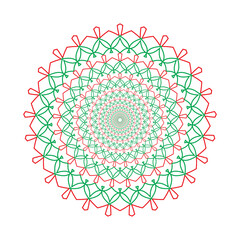 An intricate, circular geometric mandala design in red and green