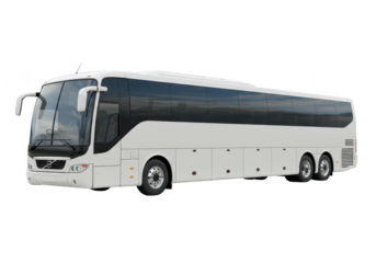 Modern white passenger coach bus isolated on transparent background for travel and tourism