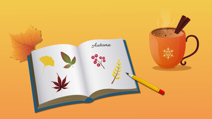 Cozy autumn illustration with coffee cup, cinnamon sticks, book, pencil and colorful fall leaves – decorative seasonal design with warm orange to golden gradient background