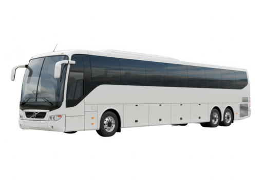 Modern white passenger coach bus isolated on transparent background for travel and tourism