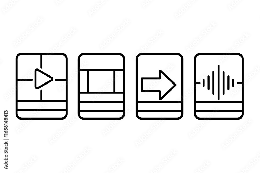 Poster Video Editing Icons Outline Set for Video Editor with Timeline Playhead Marker, Clip Segment, Transition Arrow, Audio Wave – Modern Vector Design for Digital Creators