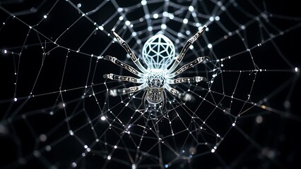 Fototapeta premium Ethereal Spider Web - Intricate Design with Luminous Details, Concept Art for Halloween and Fantasy Illustrations, Dark Background.