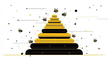 Stylized beehive pyramid with bees in flight, minimalist geometric design on white background