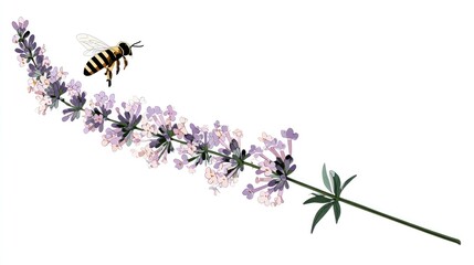A stylized illustration of a lavender sprig with a bee in flight, set against a clean white background.  The lavender flowers are depicted in varying shades of purple and pink