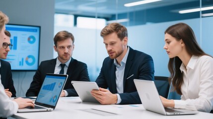 Team of professionals analyzing data on tablet dashboard in a meeting. Concept of data-driven business intelligence, corporate strategy and teamwork.