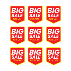 Modern big sale discounts label starting from 10, 20, 30, 40, 50, 60, 70, 80, 90 percent. Vector illustration