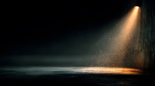 Moody, atmospheric shot of an empty, dark stage. single spotlight illuminates a dusty concrete floor and a textured wall with golden floating particles.