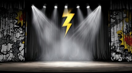 An empty stage, bathed in bright spotlights, features graffiti-style curtains and a central, stylized lightning bolt symbol. The wooden stage is visible in the foreground