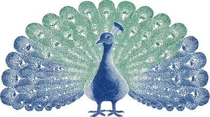 Engraved blue & green peacock displaying its intricate feathers