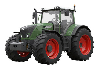 Obraz premium A powerful green fendt tractor with red wheels, isolated on a transparent background, representing modern agricultural machinery and farming
