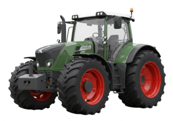A powerful green fendt tractor with red wheels, isolated on a transparent background, representing modern agricultural machinery and farming