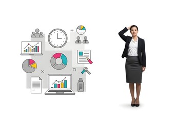 Businesswoman standing next to data analysis charts and graphs isolated on white background, representing business analytics and strategy