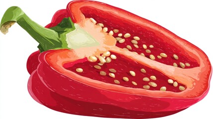 A vibrant red bell pepper, halved, showcasing its seeds and inner flesh against a stark white background.  The illustration style is digital, with visible brushstrokes