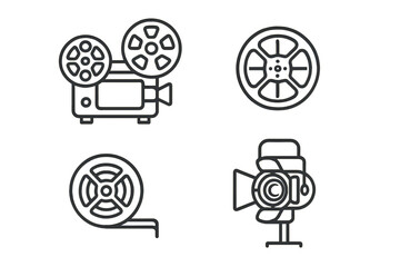 Vintage film equipment outline icon set for movie production, film projector, reel-to-reel tape, video camera, cinematography lamp. Retro cinema vector illustration. Classic filmmaking tools concept.
