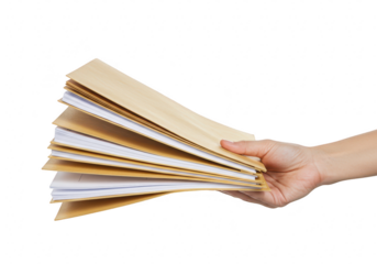 Hand holding a stack of brown manila envelopes and papers, isolated on transparent background