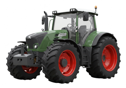 A powerful green fendt tractor with red wheels, isolated on a transparent background, representing modern agricultural machinery and farming