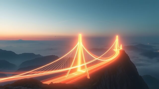 Glowing Bridge Over Mountain Ridge at Sunset - Futuristic Transportation Concept, Infrastructure Illustration for Design, Technology and Engineering Visuals