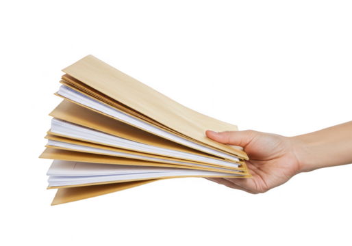 Hand holding a stack of brown manila envelopes and papers, isolated on transparent background