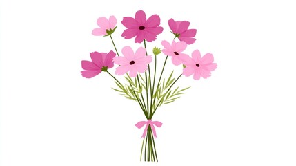A simple illustration of a small bouquet of pink cosmos flowers tied with a pink ribbon against a white background