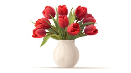 A creamy white vase holds a vibrant bouquet of red tulips, set against a stark white background, creating a simple yet elegant floral arrangement