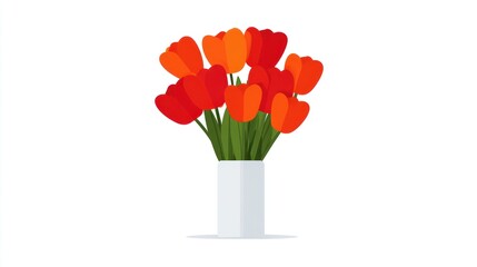 A simple illustration of a bouquet of red tulips in a white vase, set against a plain white background.  The style is minimalist and flat