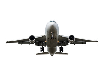 Front view of a commercial airplane with landing gear down, isolated on transparent background