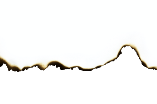 Old burnt paper page edge texture. Vintage grunge border design element, isolated on white background with clipping path.