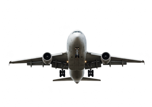 Front view of a commercial airplane with landing gear down, isolated on transparent background - Powered by Adobe